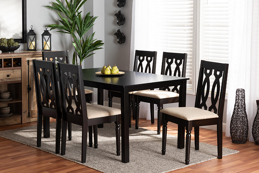 Baxton Studio Cherese Modern and Contemporary Sand Fabric Upholstered and Dark Brown Finished Wood 7-Piece Dining Set | Modishstore | Dining Sets