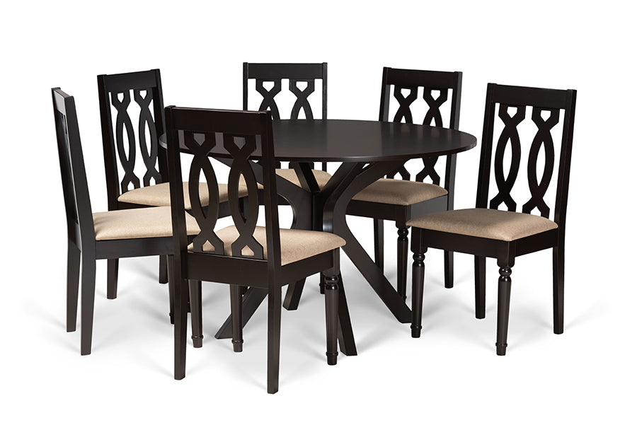baxton studio callie modern and contemporary sand fabric upholstered and dark brown finished wood 7 piece dining set | Modish Furniture Store-2