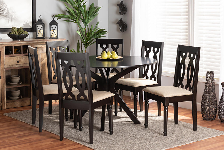 Baxton Studio Callie Modern and Contemporary Sand Fabric Upholstered and Dark Brown Finished Wood 7-Piece Dining Set | Modishstore | Dining Sets