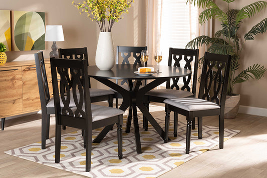 Baxton Studio Callie Modern and Contemporary Grey Fabric Upholstered and Dark Brown Finished Wood 7-Piece Dining Set | Dining Sets | Modishstore