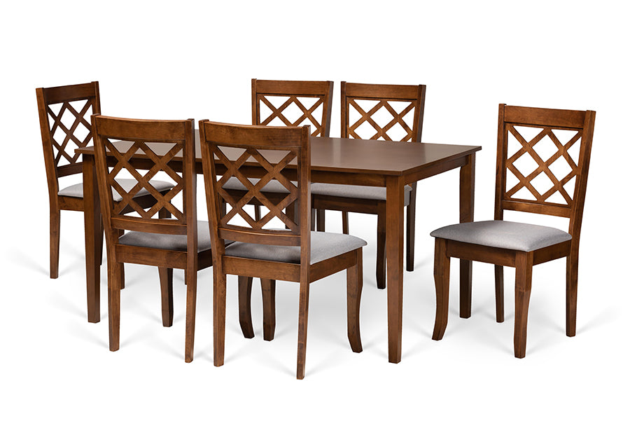 baxton studio verner modern and contemporary grey fabric upholstered and walnut brown finished wood 7 piece dining set | Modish Furniture Store-2