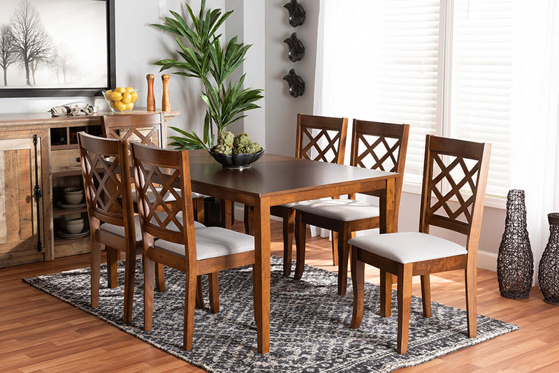 Baxton Studio Verner Modern and Contemporary Grey Fabric Upholstered and Walnut Brown Finished Wood 7-Piece Dining Set | Modishstore | Dining Sets
