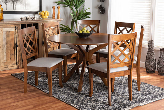 Baxton Studio Jana Modern and Contemporary Grey Fabric Upholstered and Walnut Brown Finished Wood 7-Piece Dining Set | Modishstore | Dining Sets