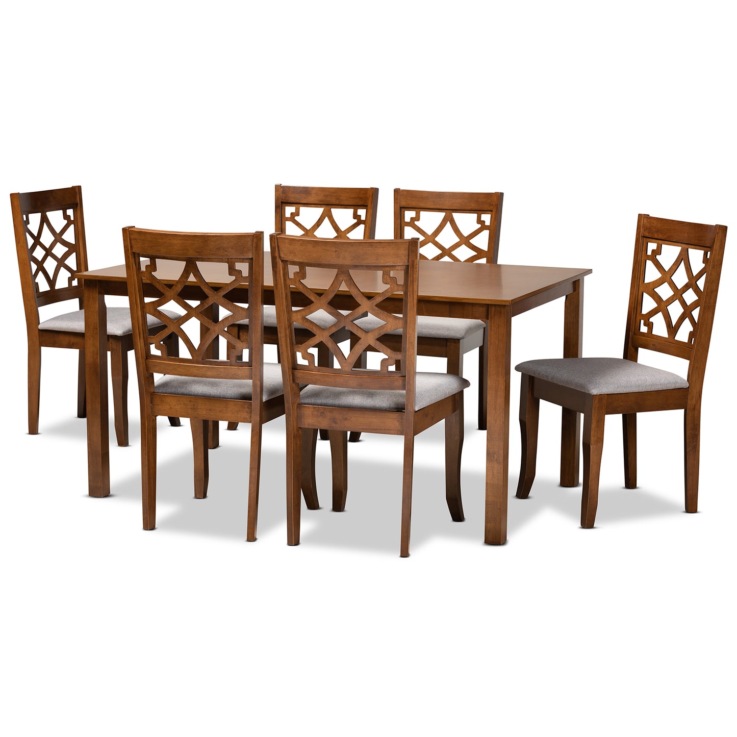 Baxton Studio Mael Modern and Contemporary Grey Fabric Upholstered and Walnut Brown Finished Wood 7-Piece Dining Set | Dining Sets | Modishstore - 2