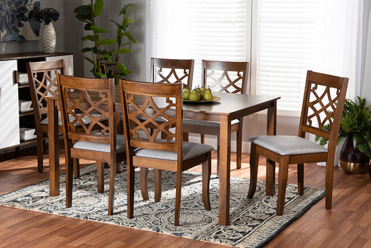 Baxton Studio Mael Modern and Contemporary Grey Fabric Upholstered and Walnut Brown Finished Wood 7-Piece Dining Set | Dining Sets | Modishstore