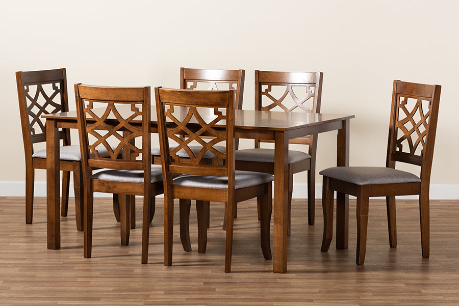 Baxton Studio Mael Modern and Contemporary Grey Fabric Upholstered and Walnut Brown Finished Wood 7-Piece Dining Set | Dining Sets | Modishstore - 3