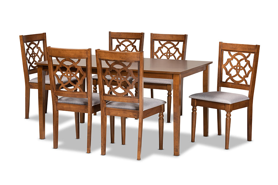 baxton studio renaud modern and contemporary grey fabric upholstered and walnut brown finished wood 7 piece dining set | Modish Furniture Store-2