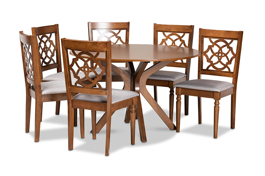 baxton studio sadie modern and contemporary grey fabric upholstered and walnut brown finished wood 7 piece dining set | Modish Furniture Store-2