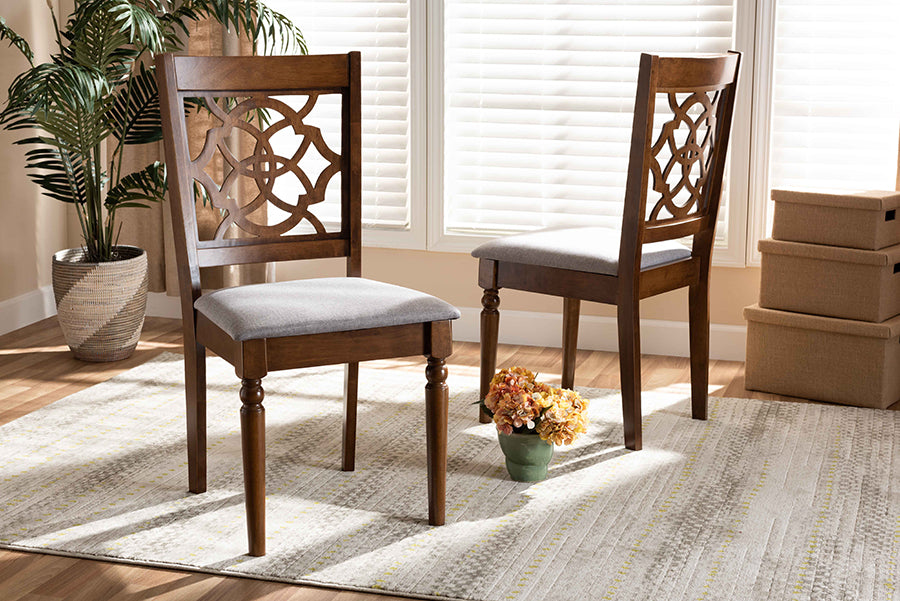 Baxton Studio Renaud Modern and Contemporary Grey Fabric Upholstered and Walnut Brown Finished Wood 2-Piece Dining Chair Set | Modishstore | Dining Chairs