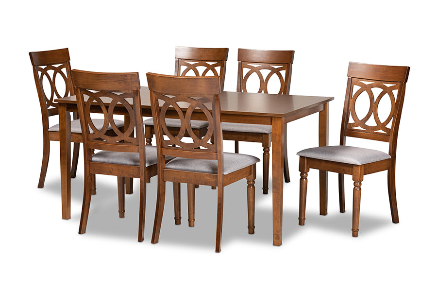 baxton studio lucie modern and contemporary grey fabric upholstered and walnut brown finished wood 7 piece dining set | Modish Furniture Store-2