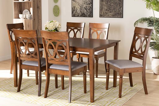 Baxton Studio Lucie Modern and Contemporary Grey Fabric Upholstered and Walnut Brown Finished Wood 7-Piece Dining Set | Modishstore | Dining Sets