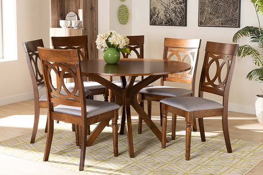 Baxton Studio Jessie Modern and Contemporary Grey Fabric Upholstered and Walnut Brown Finished Wood 7-Piece Dining Set | Modishstore | Dining Sets