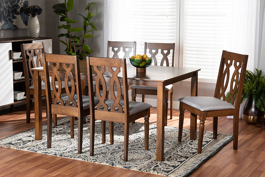 Baxton Studio Cherese Modern and Contemporary Grey Fabric Upholstered and Walnut Brown Finished Wood 7-Piece Dining Set | Dining Sets | Modishstore