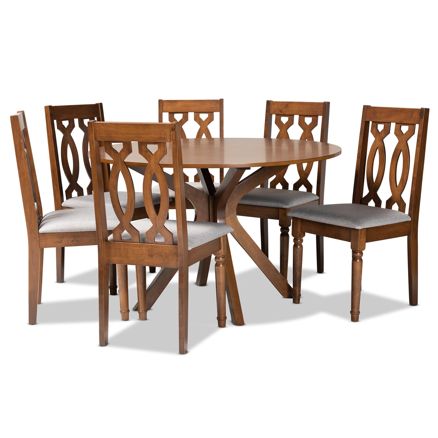 Baxton Studio Callie Modern and Contemporary Grey Fabric Upholstered and Walnut Brown Finished Wood 7-Piece Dining Set | Dining Sets | Modishstore - 2
