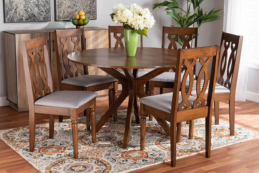 Baxton Studio Callie Modern and Contemporary Grey Fabric Upholstered and Walnut Brown Finished Wood 7-Piece Dining Set | Dining Sets | Modishstore