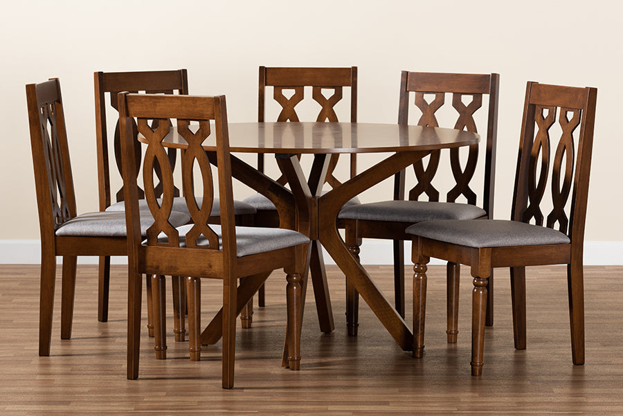 Baxton Studio Callie Modern and Contemporary Grey Fabric Upholstered and Walnut Brown Finished Wood 7-Piece Dining Set | Dining Sets | Modishstore - 3