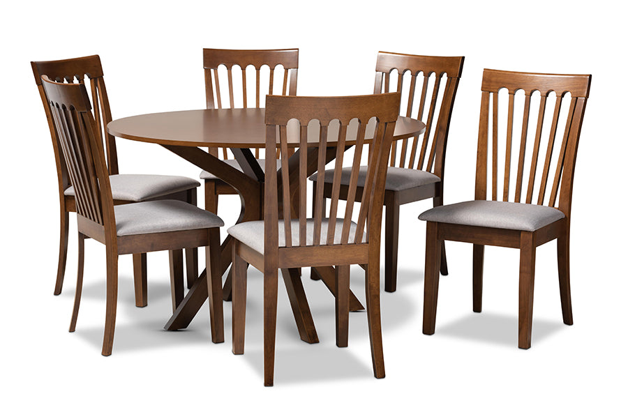 baxton studio lore modern and contemporary grey fabric upholstered and walnut brown finished wood 7 piece dining set | Modish Furniture Store-2