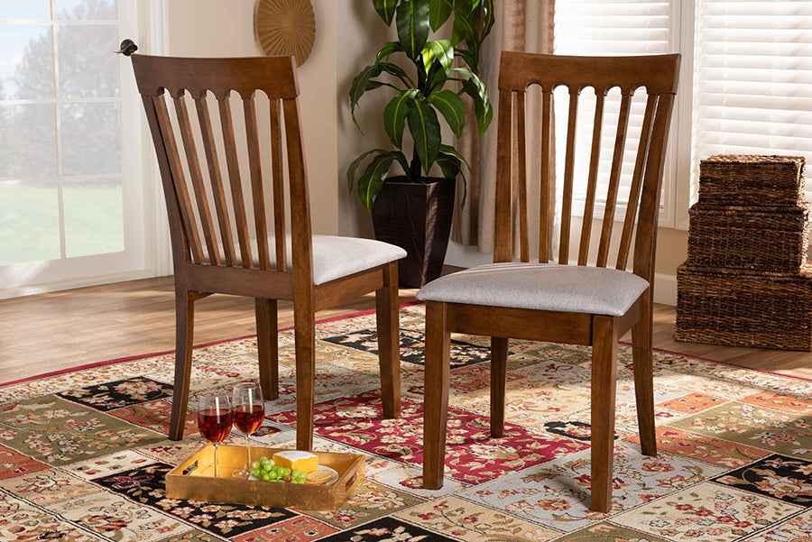 Baxton Studio Minette Modern and Contemporary Grey Fabric Upholstered Walnut Brown Finished Wood 2-Piece Dining Chair Set | Modishstore | Dining Chairs
