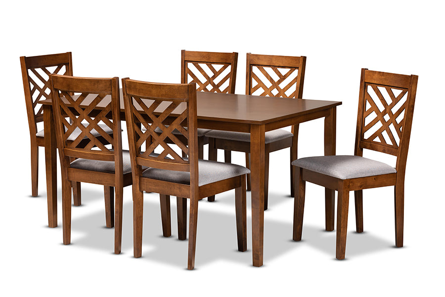 baxton studio caron modern and contemporary grey fabric upholstered and walnut brown finished wood 7 piece dining set | Modish Furniture Store-2