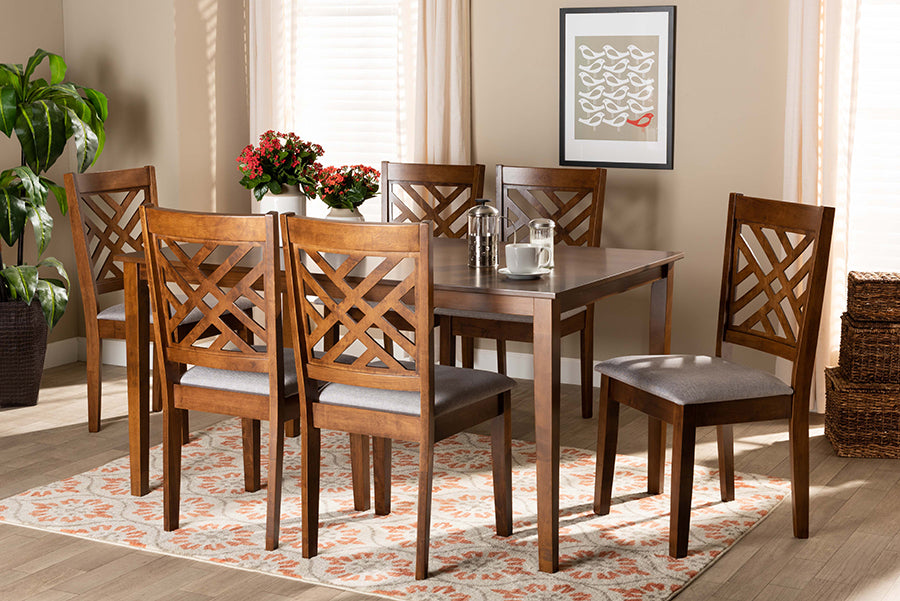 Baxton Studio Caron Modern and Contemporary Grey Fabric Upholstered and Walnut Brown Finished Wood 7-Piece Dining Set | Modishstore | Dining Sets