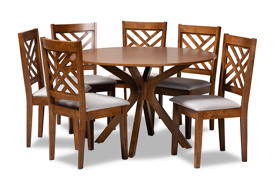 baxton studio norah modern and contemporary grey fabric upholstered and walnut brown finished wood 7 piece dining set | Modish Furniture Store-2