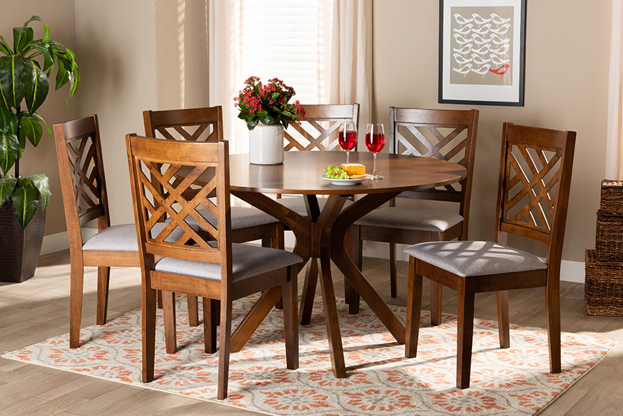 Baxton Studio Norah Modern and Contemporary Grey Fabric Upholstered and Walnut Brown Finished Wood 7-Piece Dining Set | Modishstore | Dining Sets