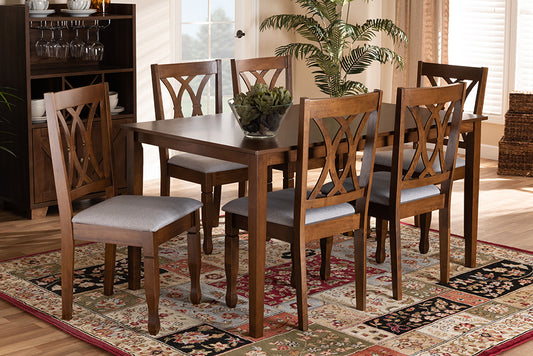 Baxton Studio Augustine Modern and Contemporary Grey Fabric Upholstered and Walnut Brown Finished Wood 7-Piece Dining Set | Modishstore | Dining Sets
