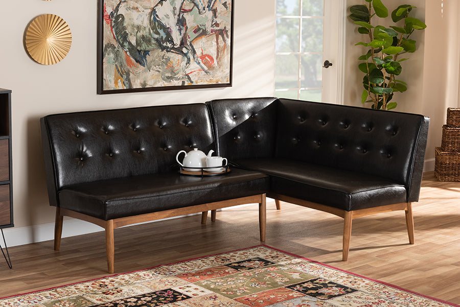 baxton studio arvid mid century modern dark brown faux leather upholstered 2 piece wood dining nook banquette set | Modish Furniture Store-2