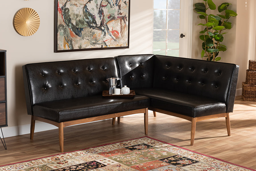 Baxton Studio Arvid Mid-Century Modern Dark Brown Faux Leather Upholstered 2-Piece Wood Dining Nook Banquette Set | Modishstore | Sofas