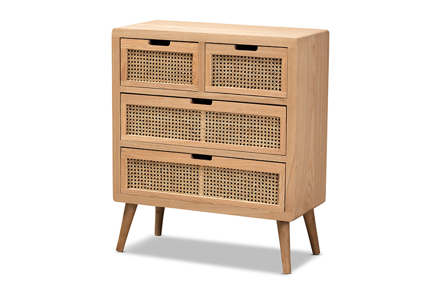 baxton studio alina mid century modern medium oak finished wood and rattan 4 drawer accent storage cabinet | Modish Furniture Store-2