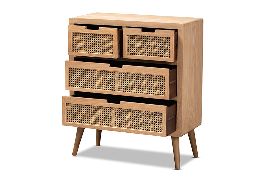 baxton studio alina mid century modern medium oak finished wood and rattan 4 drawer accent storage cabinet | Modish Furniture Store-3