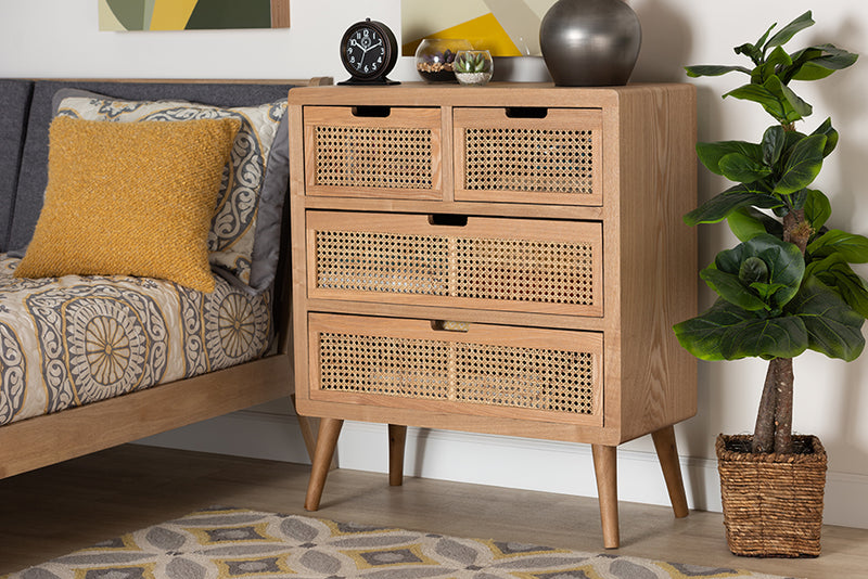 Baxton Studio Alina Mid-Century Modern Medium Oak Finished Wood and Rattan 4-Drawer Accent Storage Cabinet | Modishstore | Cabinets