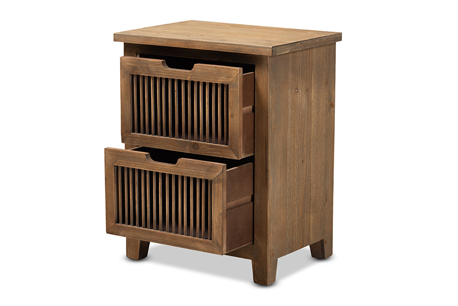 baxton studio clement rustic transitional medium oak finished 2 drawer wood spindle nightstand | Modish Furniture Store-3