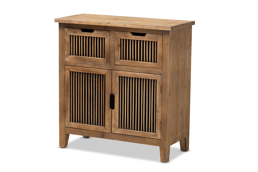 baxton studio clement rustic transitional medium oak finished 2 door and 2 drawer wood spindle accent storage cabinet | Modish Furniture Store-2