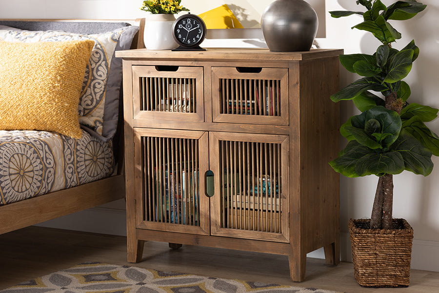 Baxton Studio Clement Rustic Transitional Medium Oak Finished 2-Door and 2-Drawer Wood Spindle Accent Storage Cabinet | Modishstore | Cabinets