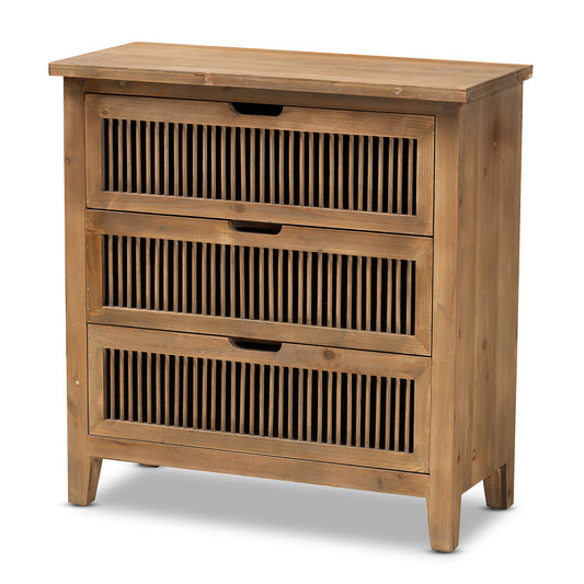 Baxton Studio Clement Rustic Transitional Medium Oak Finished 3-Drawer Wood Spindle Storage Cabinet | Cabinets | Modishstore
