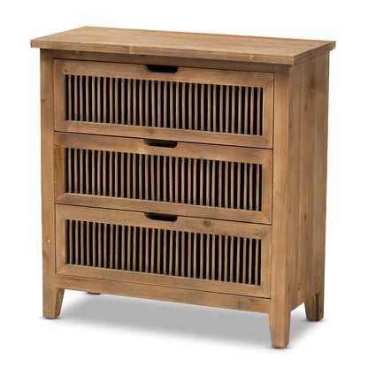 Baxton Studio Clement Rustic Transitional Medium Oak Finished 3-Drawer Wood Spindle Storage Cabinet | Cabinets | Modishstore