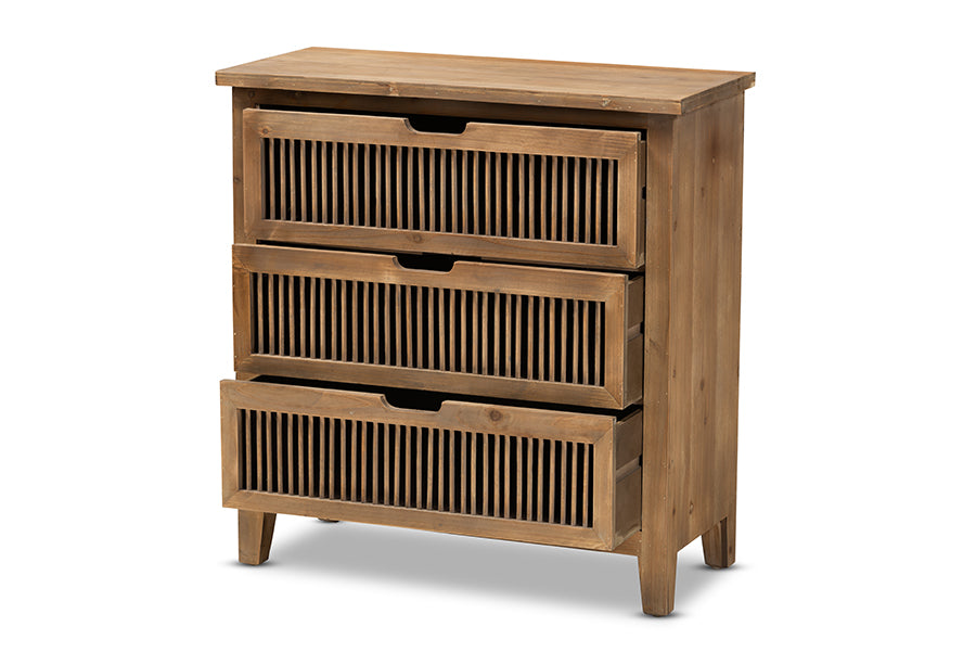 Baxton Studio Clement Rustic Transitional Medium Oak Finished 3-Drawer Wood Spindle Storage Cabinet | Cabinets | Modishstore - 8