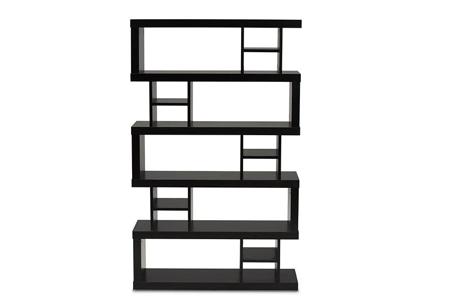 baxton studio dora modern and contemporary dark brown finished wood 5 tier geometric bookshelf | Modish Furniture Store-3