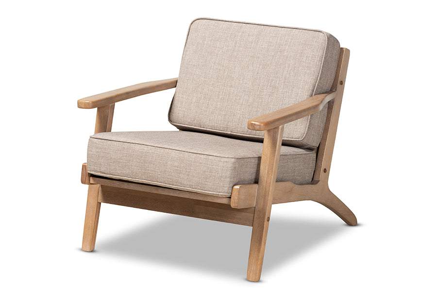 baxton studio sigrid mid century modern light grey fabric upholstered antique oak finished wood armchair | Modish Furniture Store-2