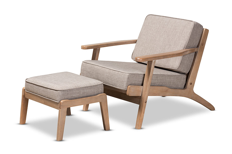 baxton studio sigrid mid century modern light grey fabric upholstered antique oak finished 2 piece wood armchair and ottoman set | Modish Furniture Store-2