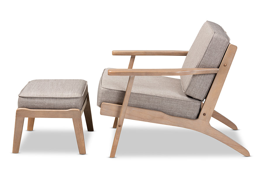 baxton studio sigrid mid century modern light grey fabric upholstered antique oak finished 2 piece wood armchair and ottoman set | Modish Furniture Store-3