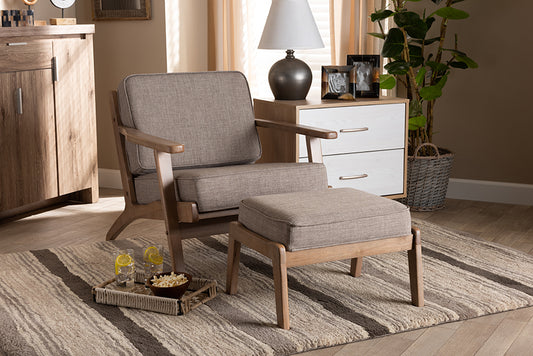 Baxton Studio Sigrid Mid-Century Modern Light Grey Fabric Upholstered Antique Oak Finished 2-Piece Wood Armchair and Ottoman Set | Modishstore | Armchairs