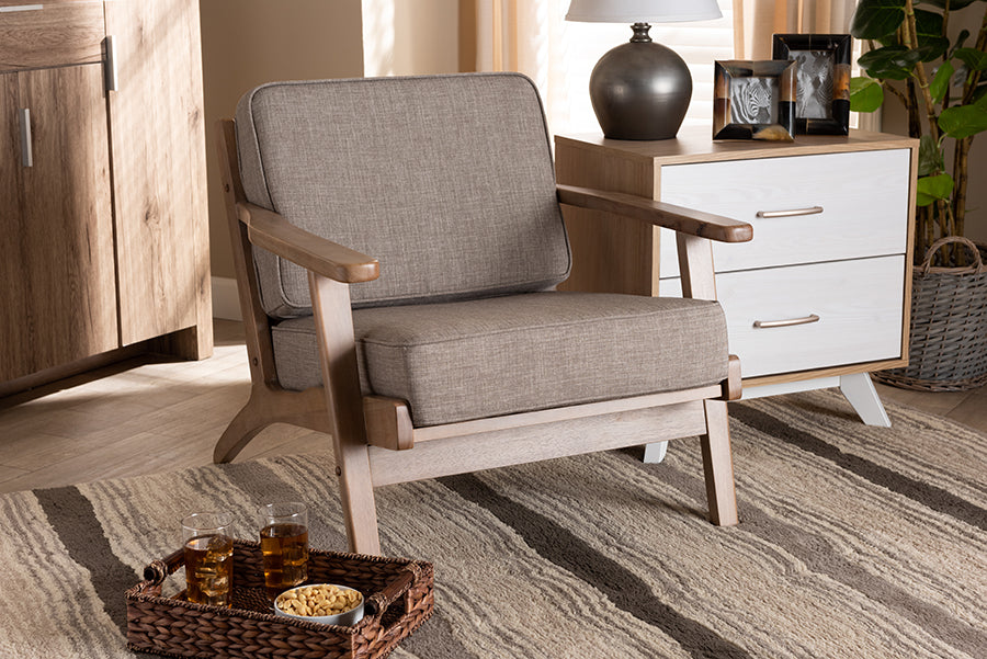 Baxton Studio Sigrid Mid-Century Modern Light Grey Fabric Upholstered Antique Oak Finished Wood Armchair | Modishstore | Armchairs