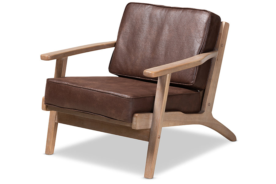 baxton studio sigrid mid century modern dark brown faux leather effect fabric upholstered antique oak finished wood armchair | Modish Furniture Store-2