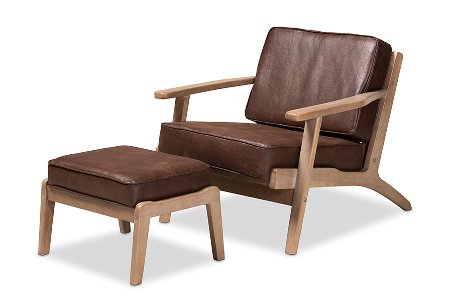 baxton studio sigrid mid century modern dark brown faux leather effect fabric upholstered antique oak finished 2 piece wood armchair and ottoman set | Modish Furniture Store-2