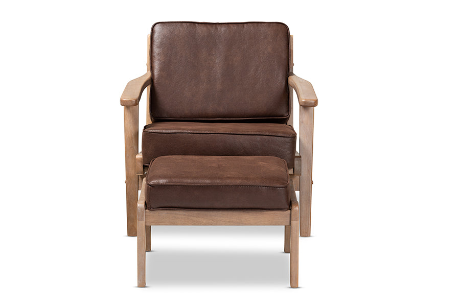 baxton studio sigrid mid century modern dark brown faux leather effect fabric upholstered antique oak finished 2 piece wood armchair and ottoman set | Modish Furniture Store-3