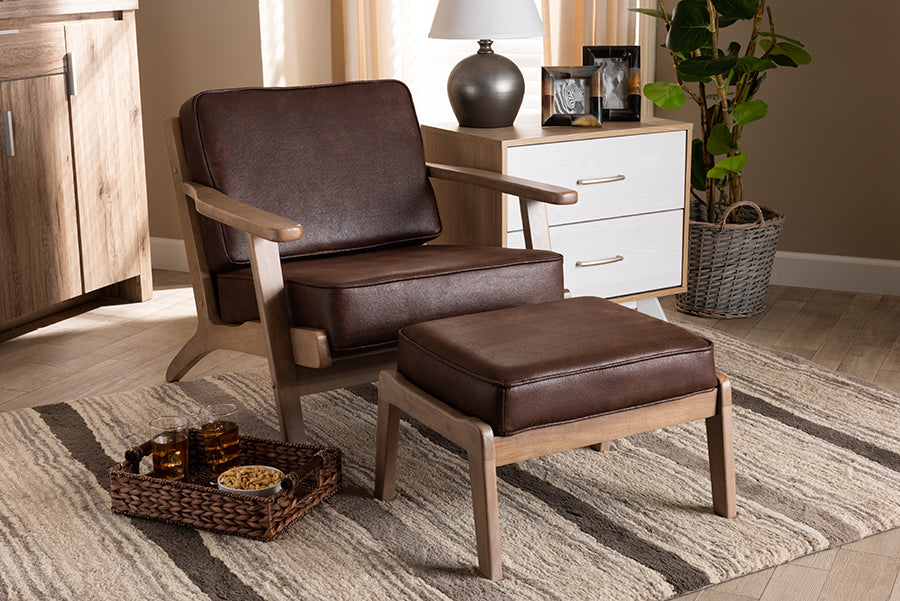 Baxton Studio Sigrid Mid-Century Modern Dark Brown Faux Leather Effect Fabric Upholstered Antique Oak Finished 2-Piece Wood Armchair and Ottoman Set | Modishstore | Armchairs