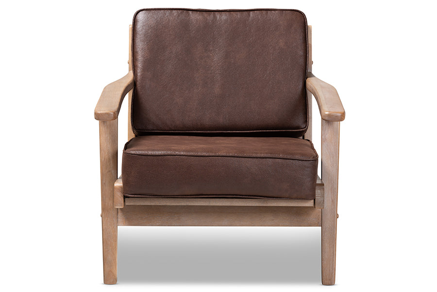 baxton studio sigrid mid century modern dark brown faux leather effect fabric upholstered antique oak finished wood armchair | Modish Furniture Store-3