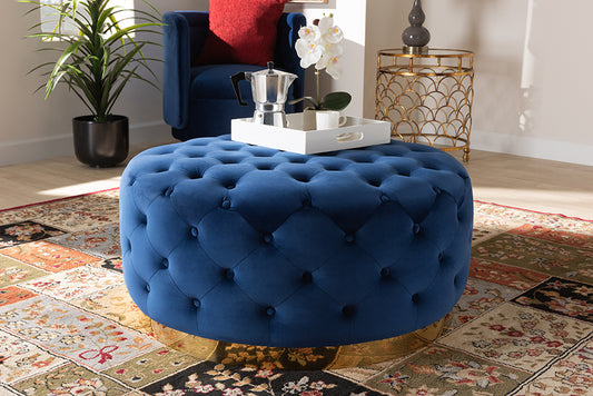 Baxton Studio Sasha Glam and Luxe Royal Blue Velvet Fabric Upholstered Gold Finished Round Cocktail Ottoman | Modishstore | Ottomans